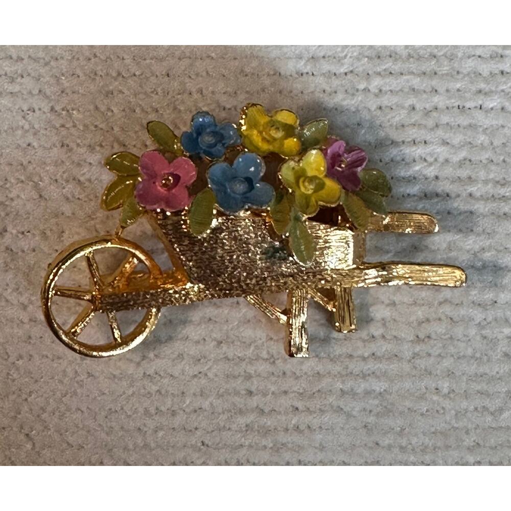 Vintage SMC Flower Cart Brooch Enamel Floral Wheelbarrow Pin